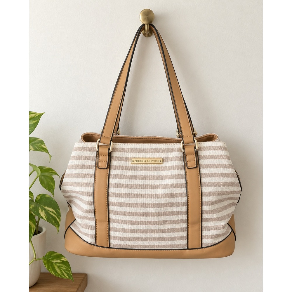 Poppy & Peonies Striped Canvas Tote Bag Tan Faux Leather Trim Gold Hardware